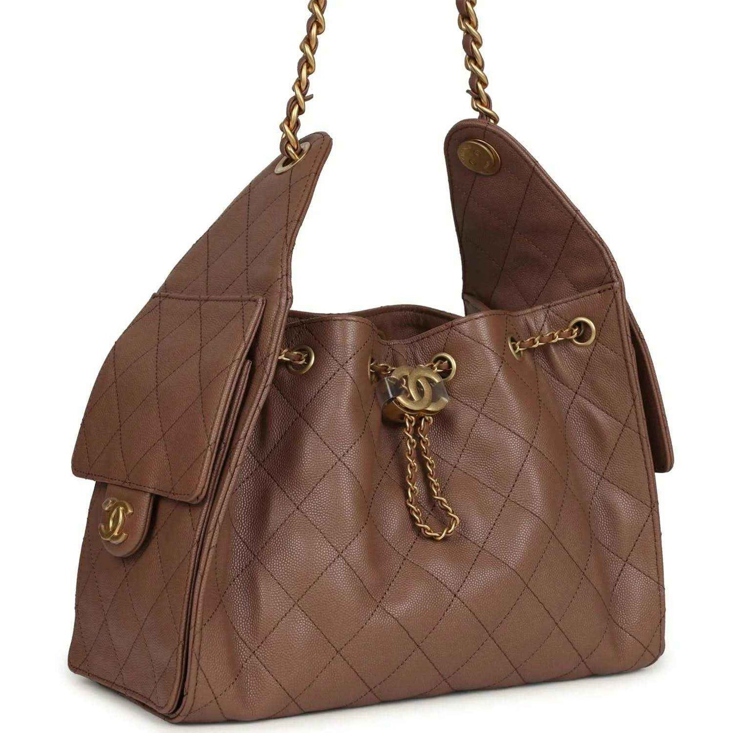 Brown quilted hobo bag with side panels, gold chain, and CC clasp