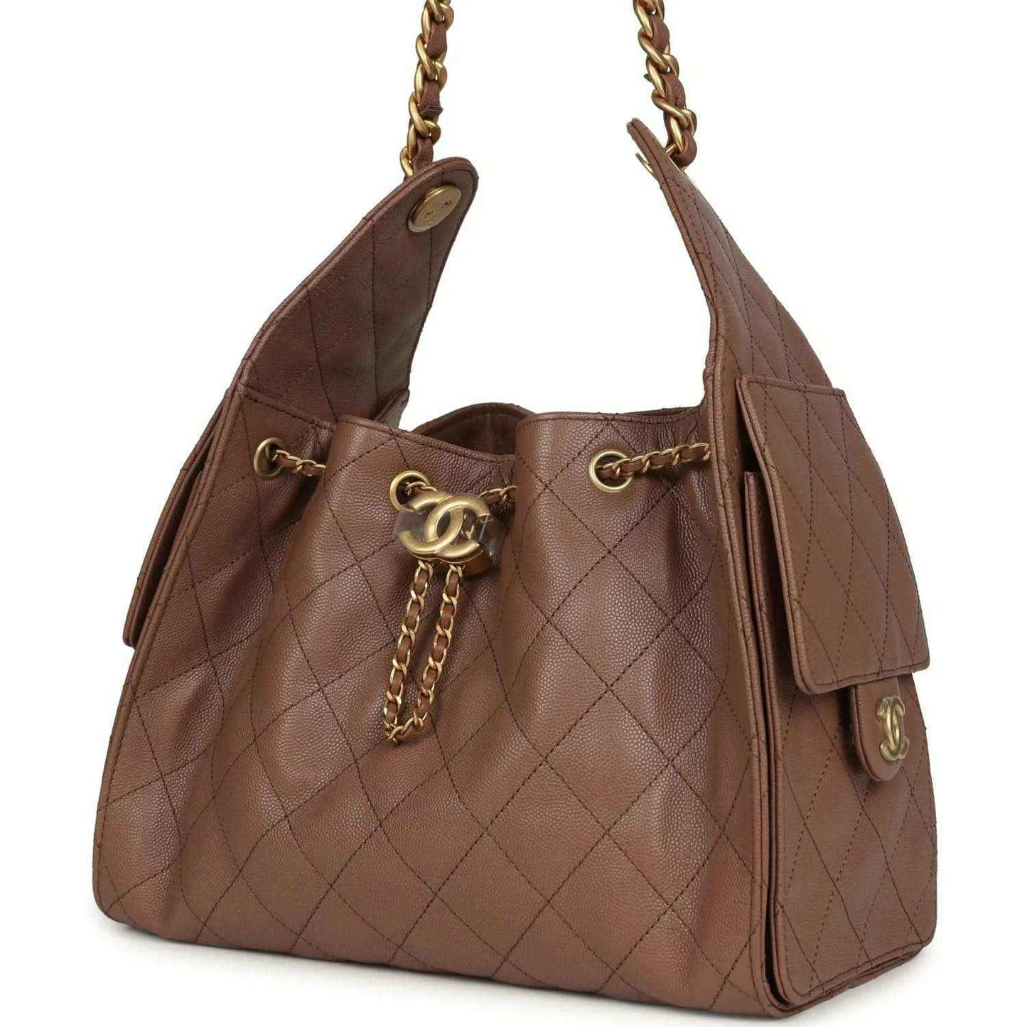Brown quilted handbag with gold chain, CC charm, and tassel detail