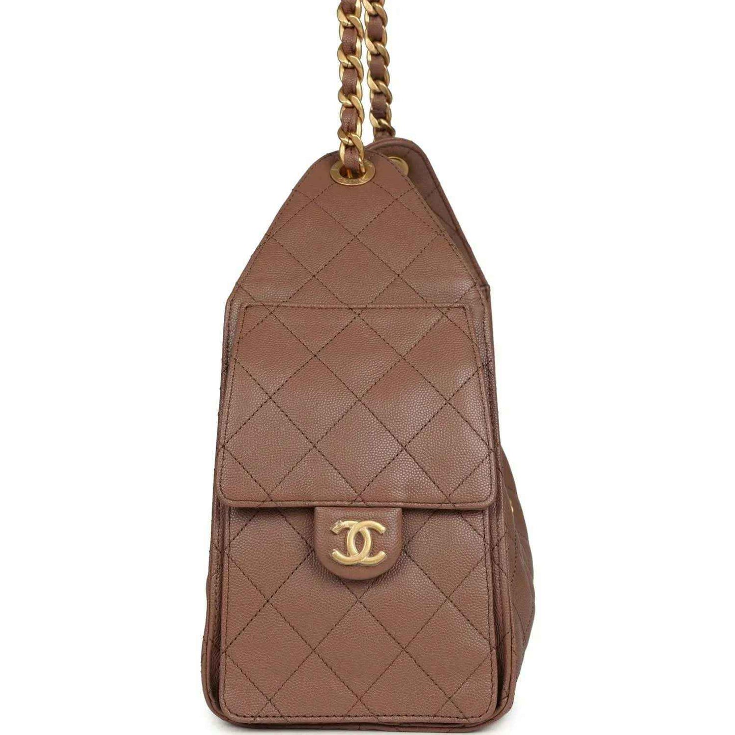Brown quilted sling bag with gold chain and CC logo front clasp