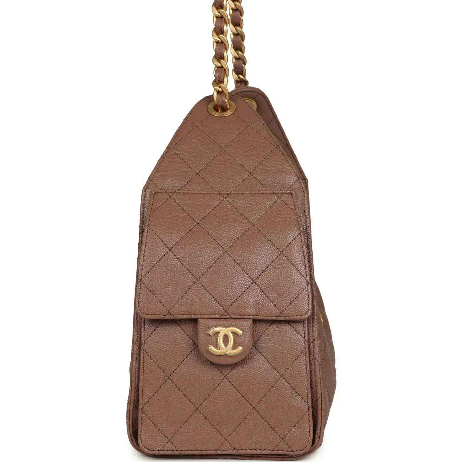 Brown quilted sling bag with gold chain and CC logo front clasp