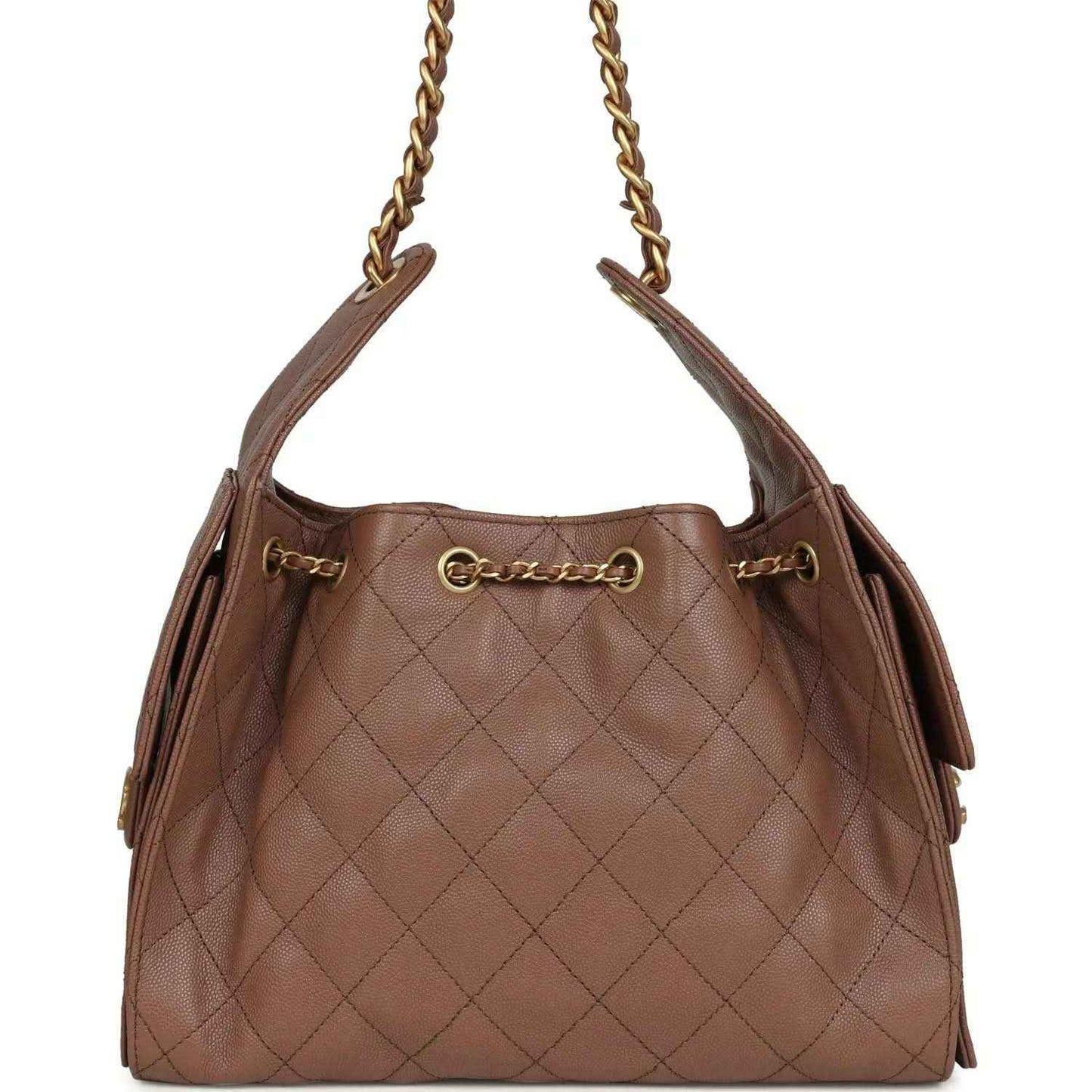 Brown quilted caviar hobo bag with gold chain handles and CC logo