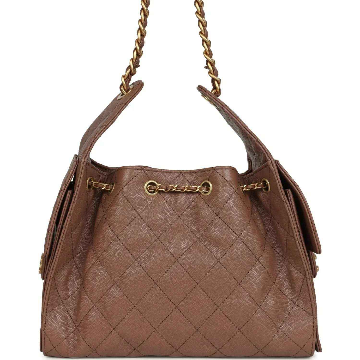 Brown quilted caviar hobo bag with gold chain handles and CC logo