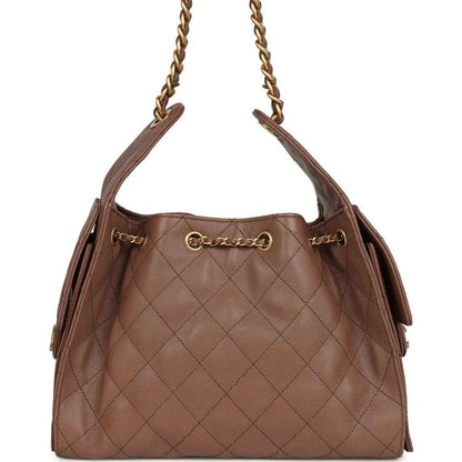 Brown quilted caviar hobo bag with gold chain handles and CC logo