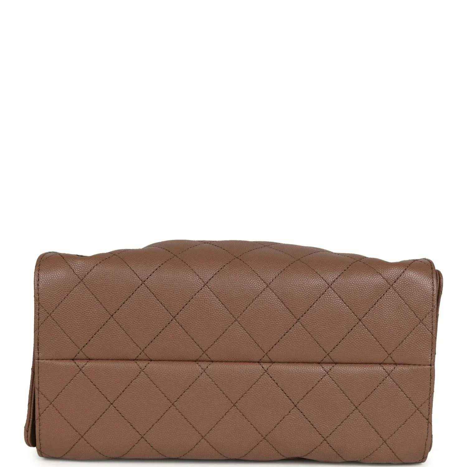 Brown quilted flap clutch with gold chain