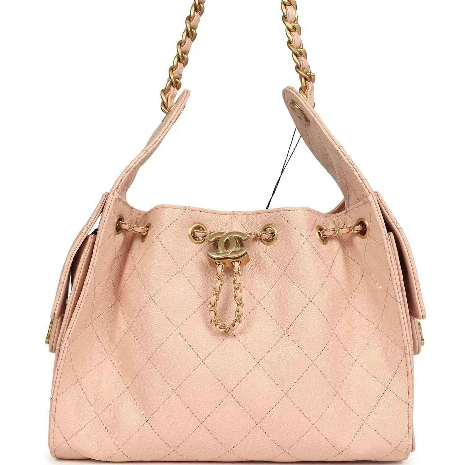 Chanel small hobo bag, light pink quilted caviar leather, gold chain handles