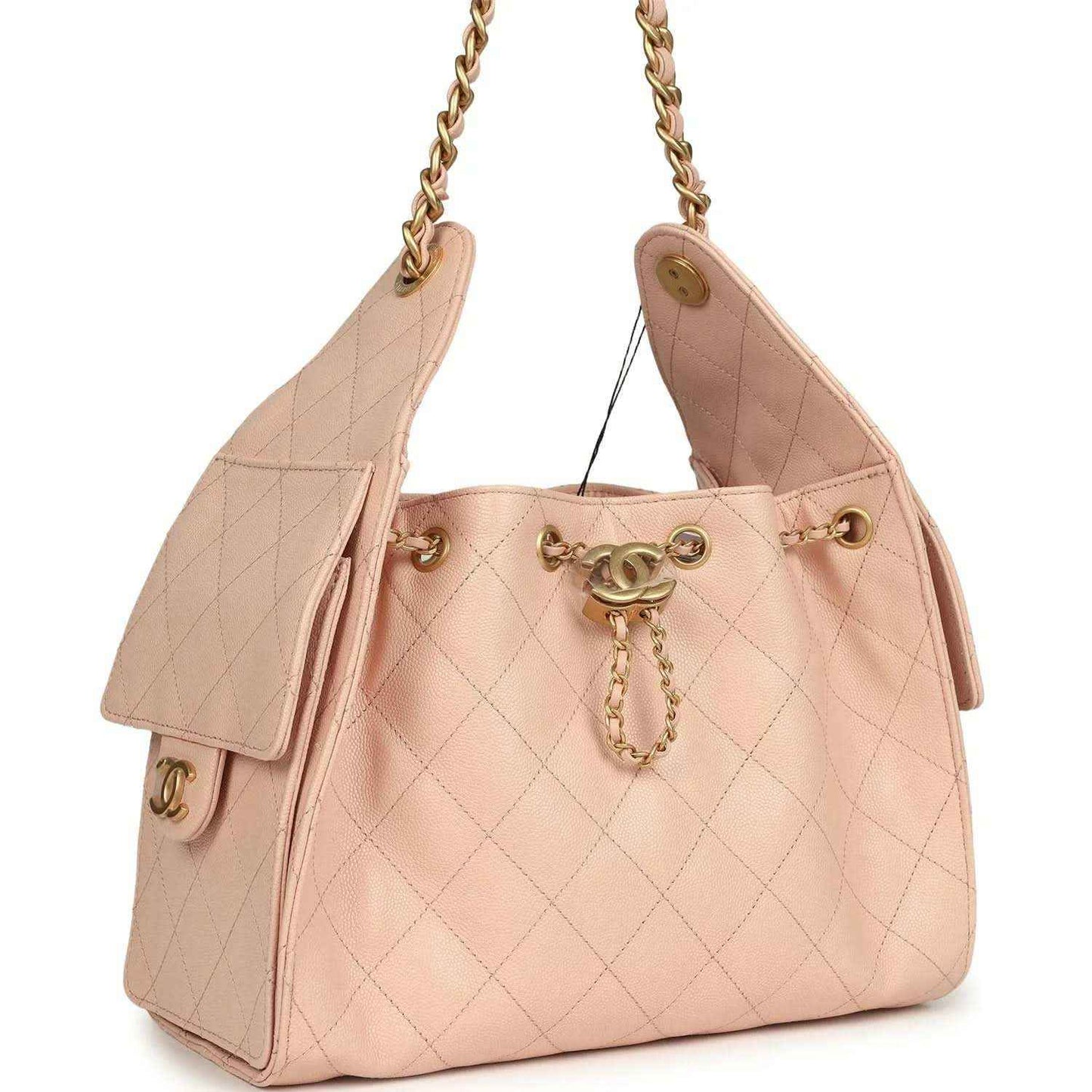 Chanel small hobo bag, light pink quilted caviar leather, gold hardware and side tassel
