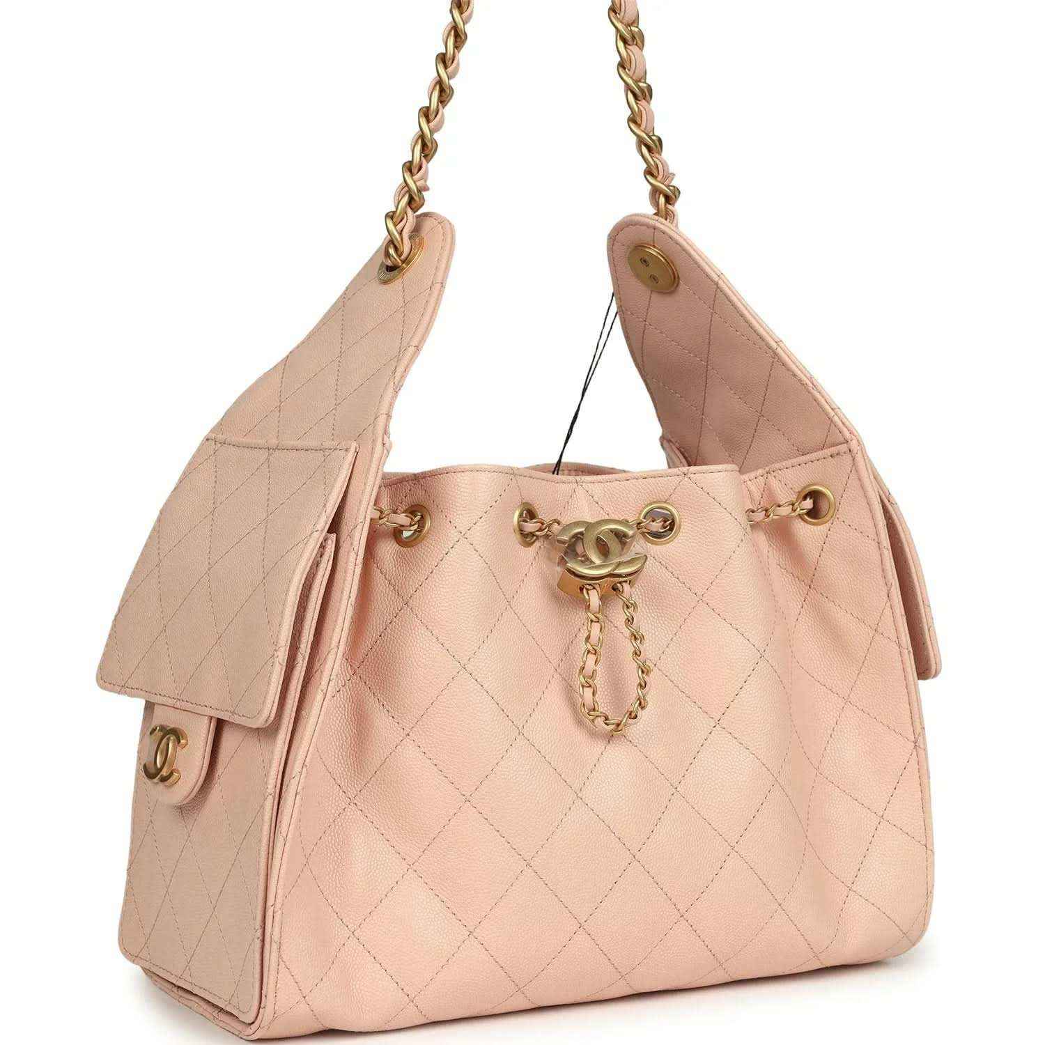Chanel small hobo bag, light pink quilted caviar leather, gold hardware and side tassel