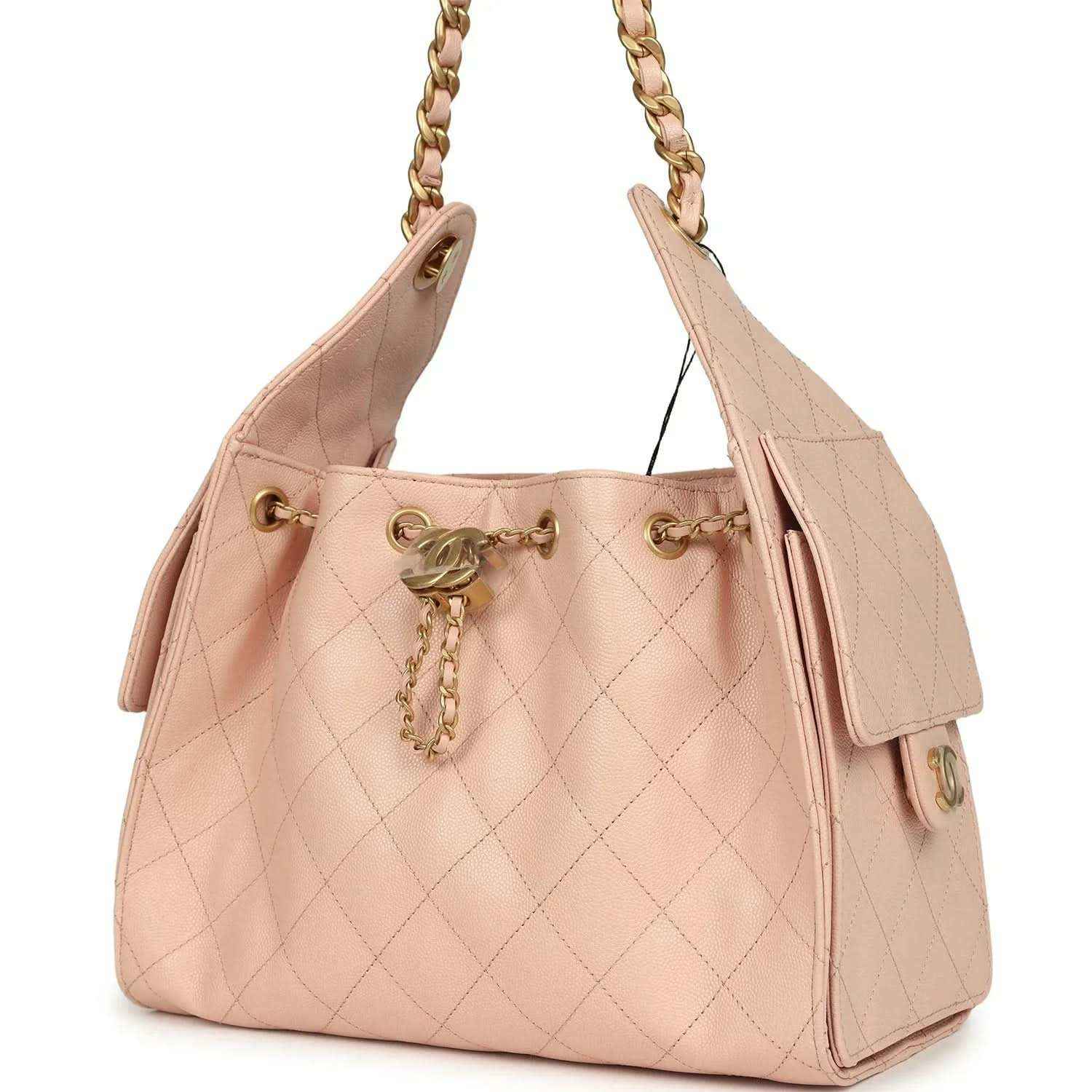 Chanel small hobo bag, light pink quilted caviar leather, gold top hardware and charm