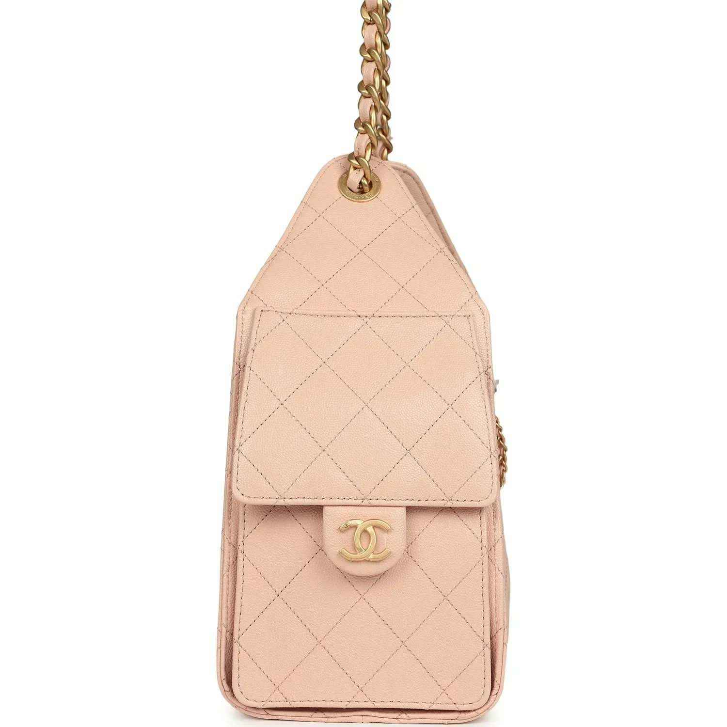 Chanel small hobo bag, light pink quilted caviar leather, flap with CC emblem
