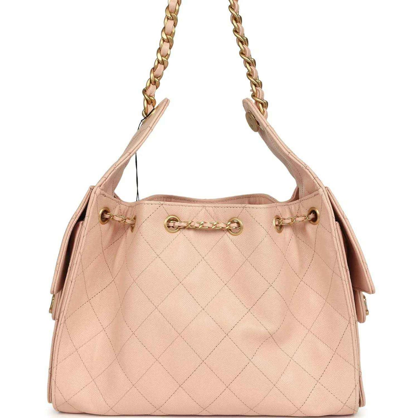 Chanel small hobo bag, light pink quilted caviar leather, gold top ring and side tassels