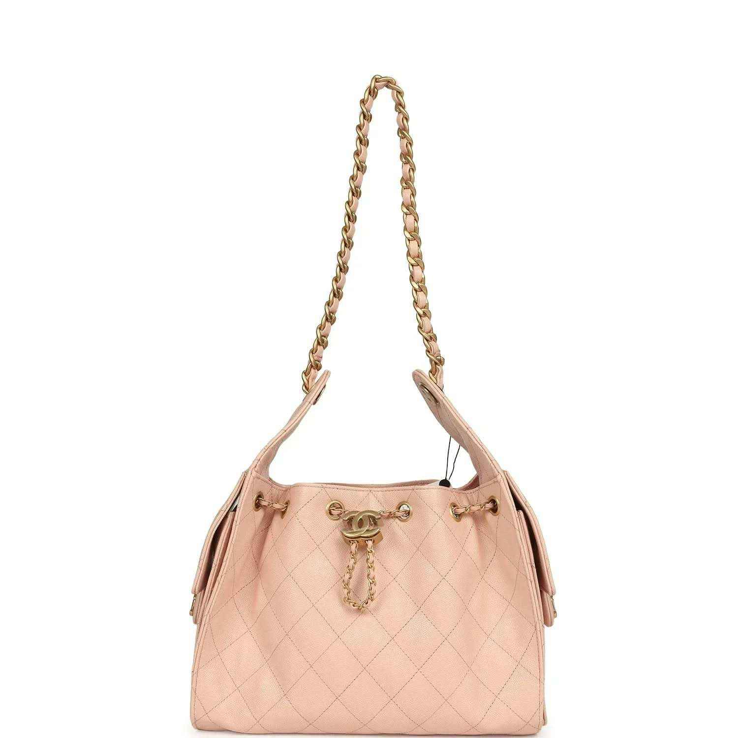 Chanel small hobo bag, light pink quilted caviar leather, gold chain straps