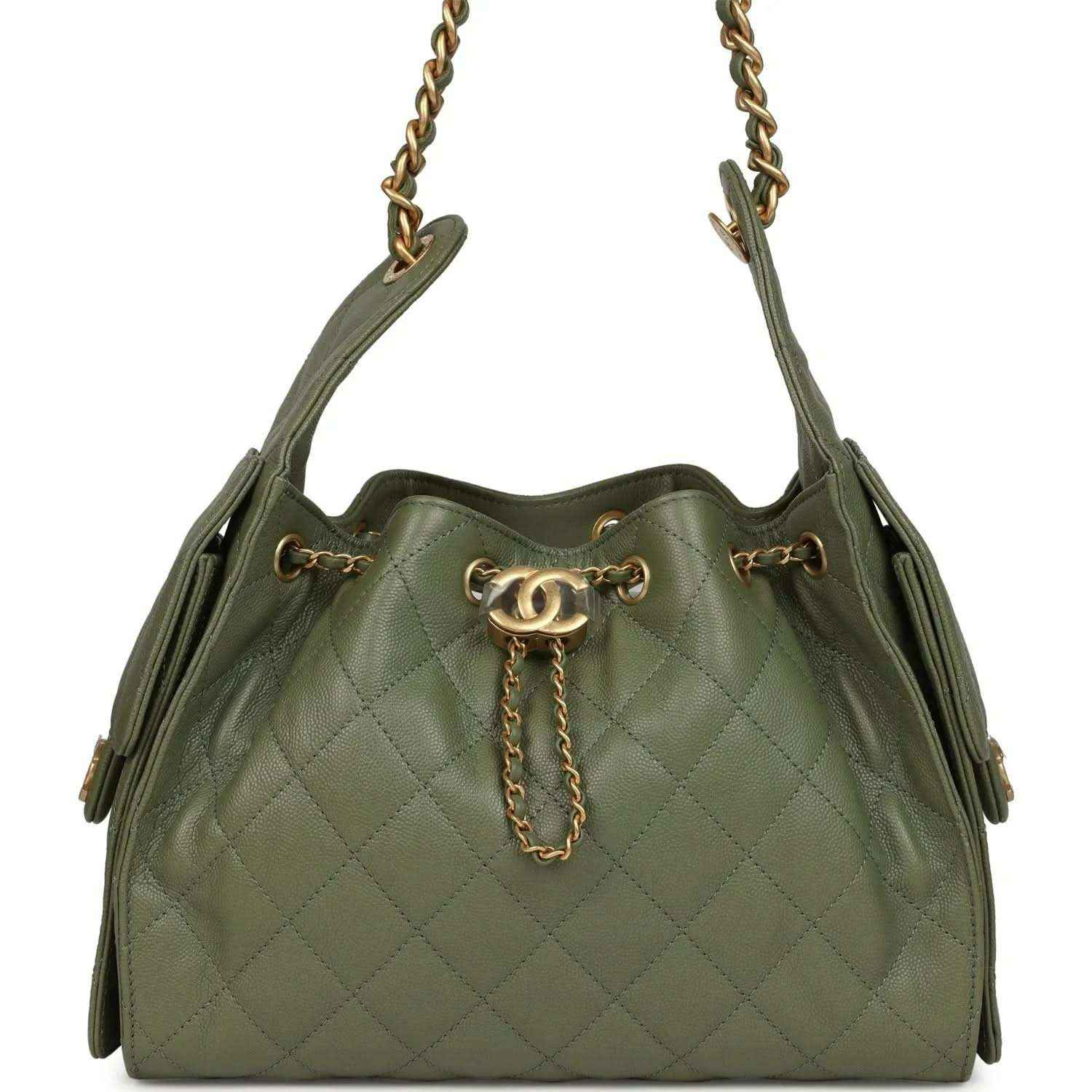 Olive green caviar quilted hobo bag with chain strap and antique gold hardware