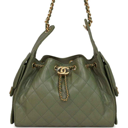Olive green caviar quilted hobo bag with chain strap and antique gold hardware