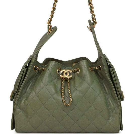 Olive green caviar quilted hobo bag with chain strap and antique gold hardware