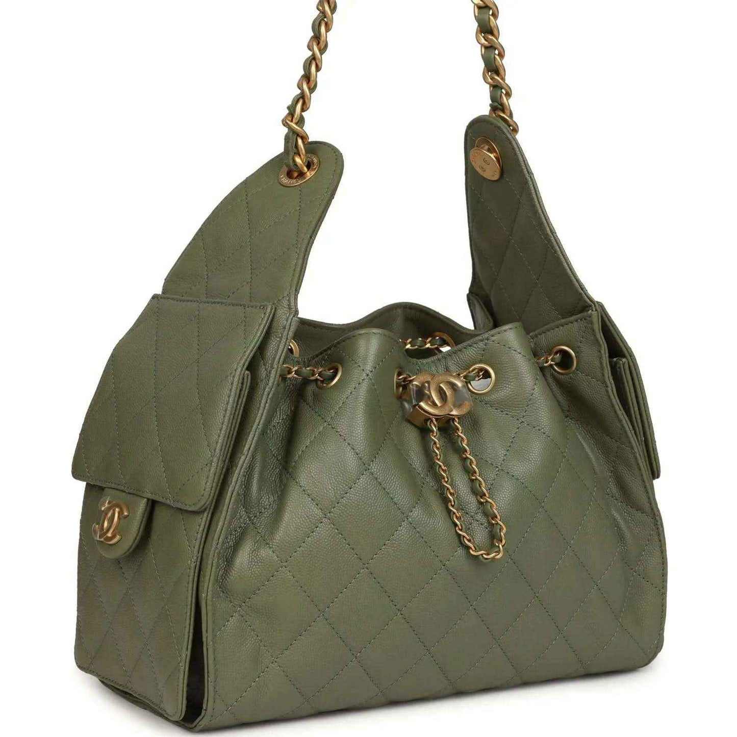Olive green quilted hobo bag with side pocket details, chain strap, and gold hardware
