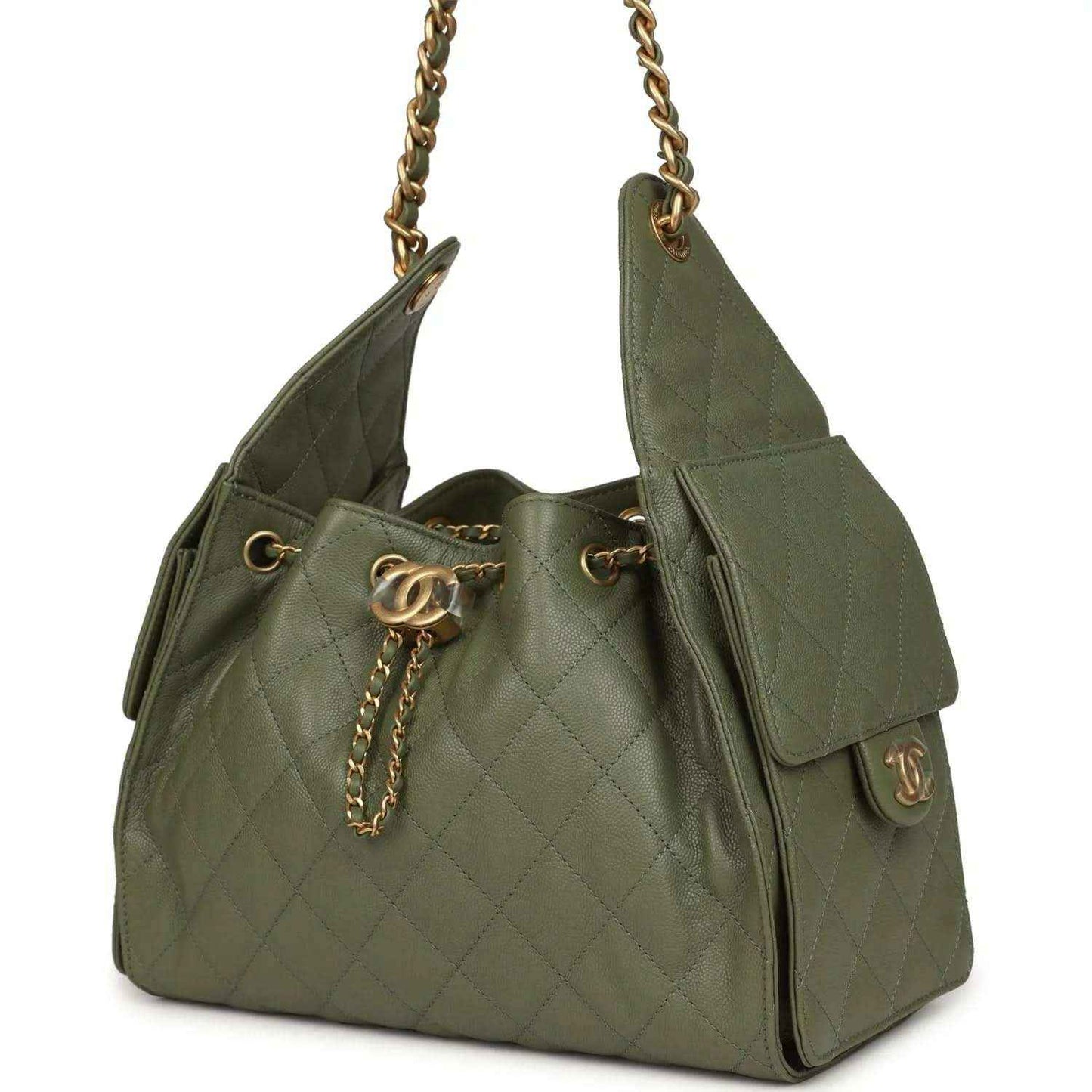 Olive green quilted hobo bag with drawstring pull, chain strap, and side pocket