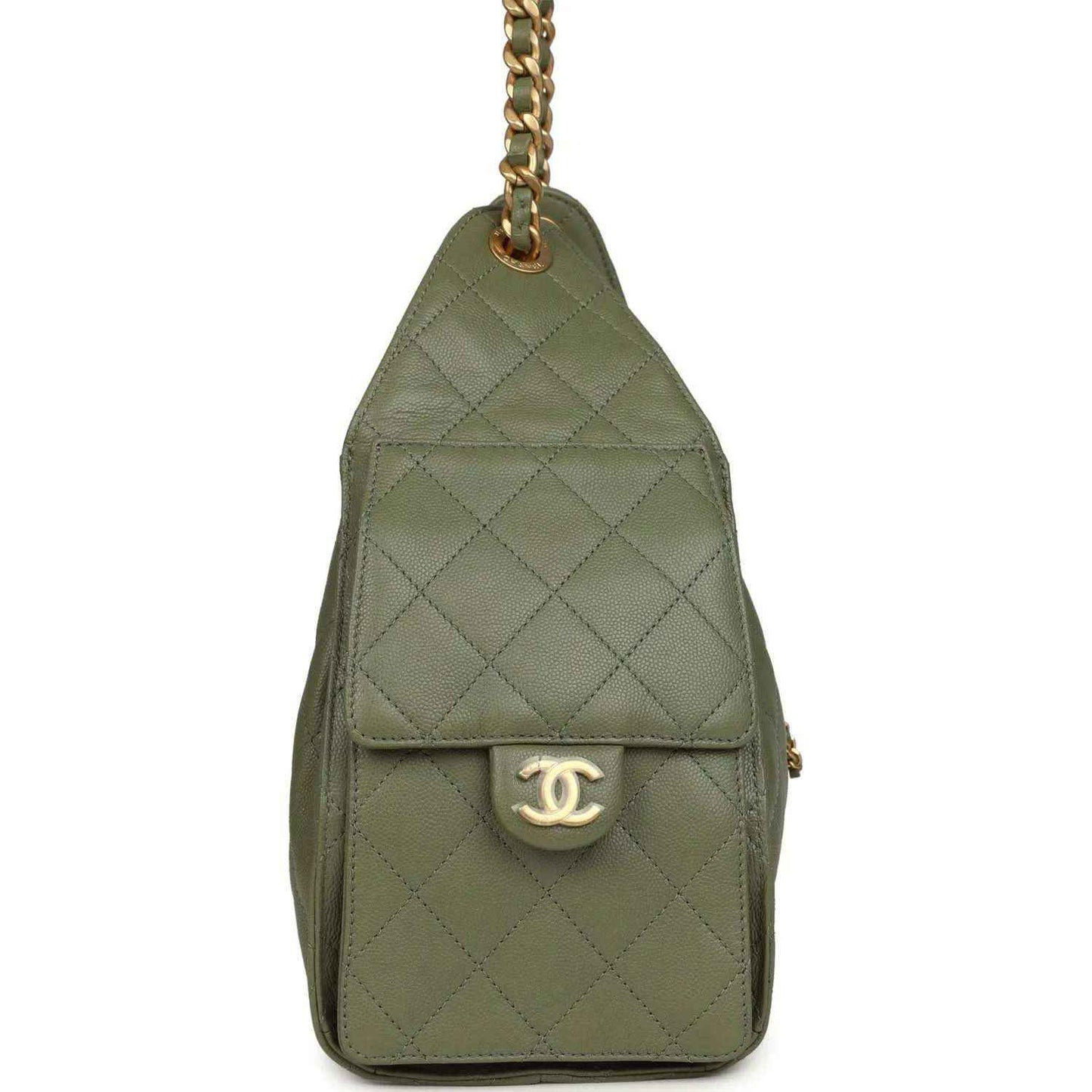 Olive green quilted mini hobo bag with CC logo plaque and chain strap
