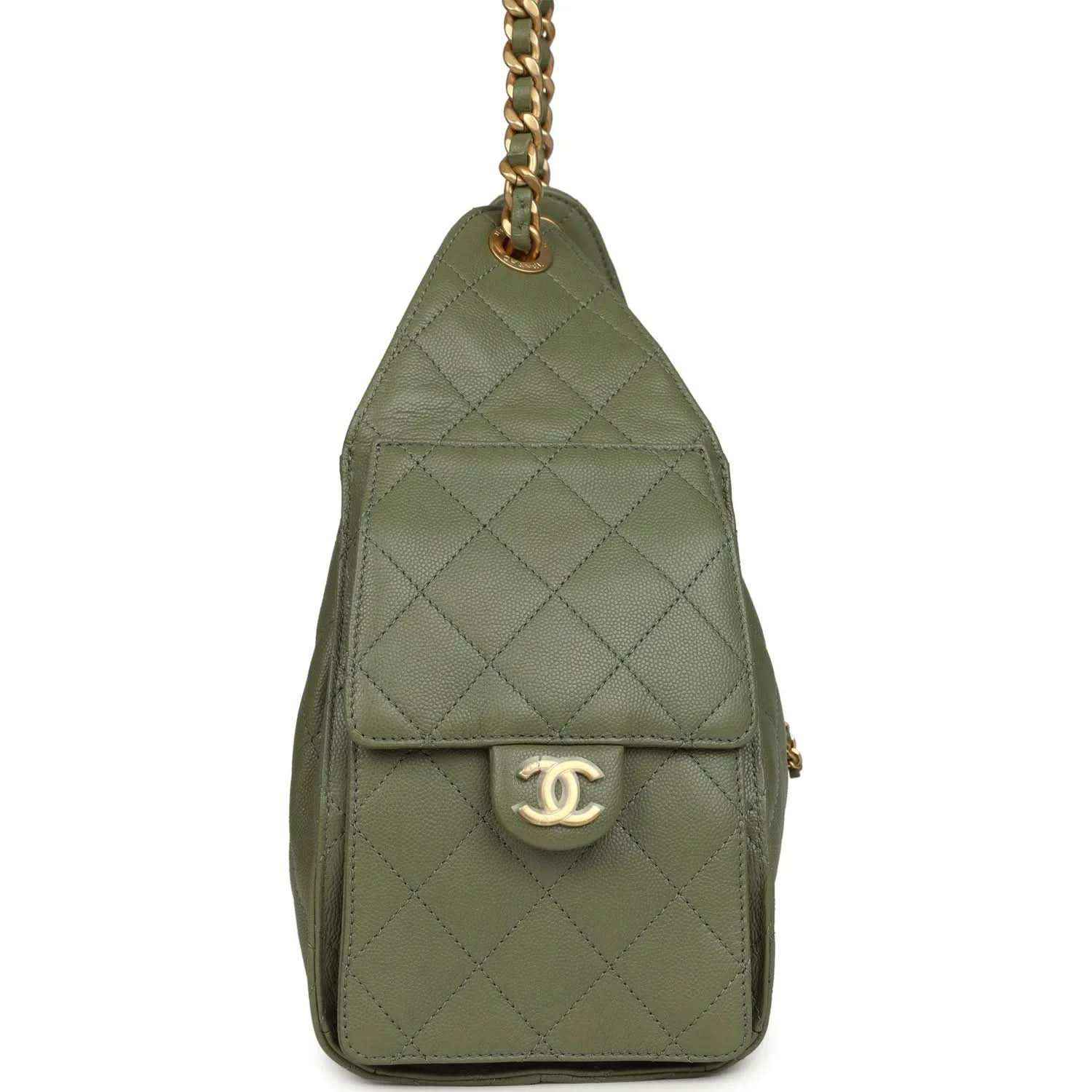 Olive green quilted mini hobo bag with CC logo plaque and chain strap