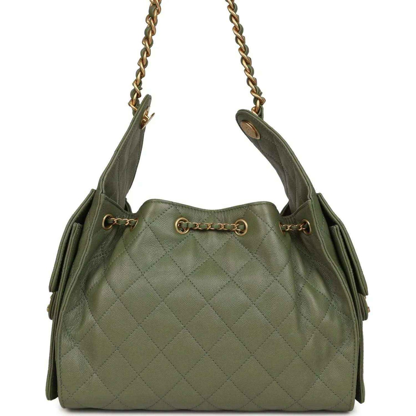 Olive green quilted hobo bag with top chain handles and drawstring pull, gold hardware