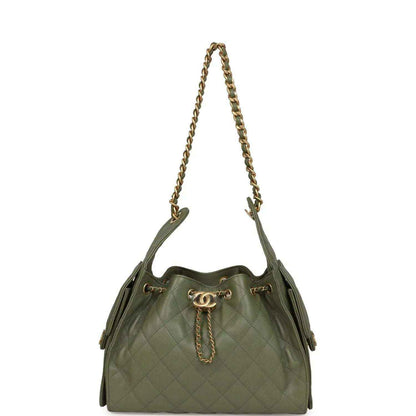 Olive green quilted mini hobo bag with long chain strap and drawstring closure