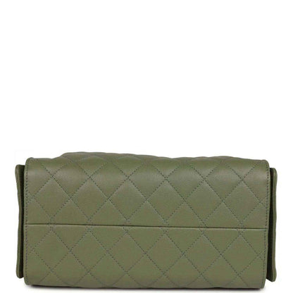 Olive green quilted hobo bag with stitched back panel and chain strap