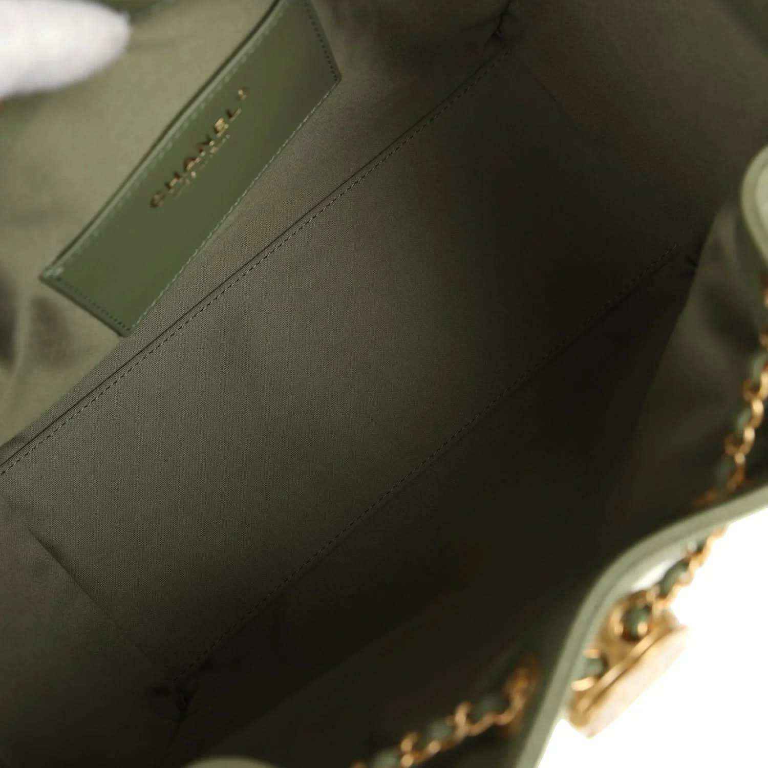 Olive green fabric-lined hobo bag interior with stitched seam and gold chain hardware
