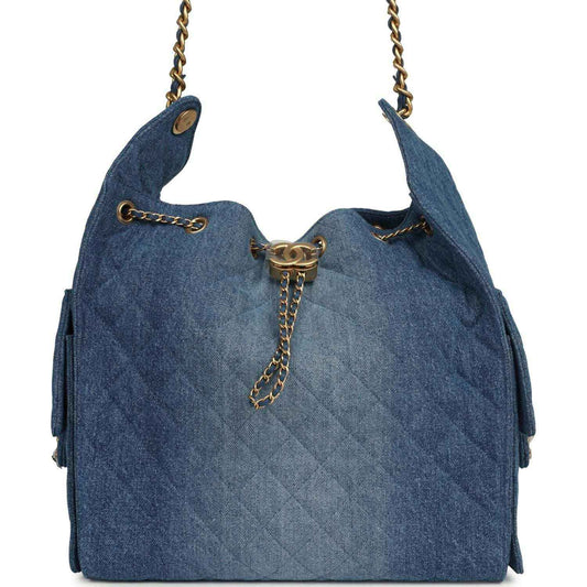 Chanel Medium 25 hobo bag in blue washed denim with antique gold-tone hardware