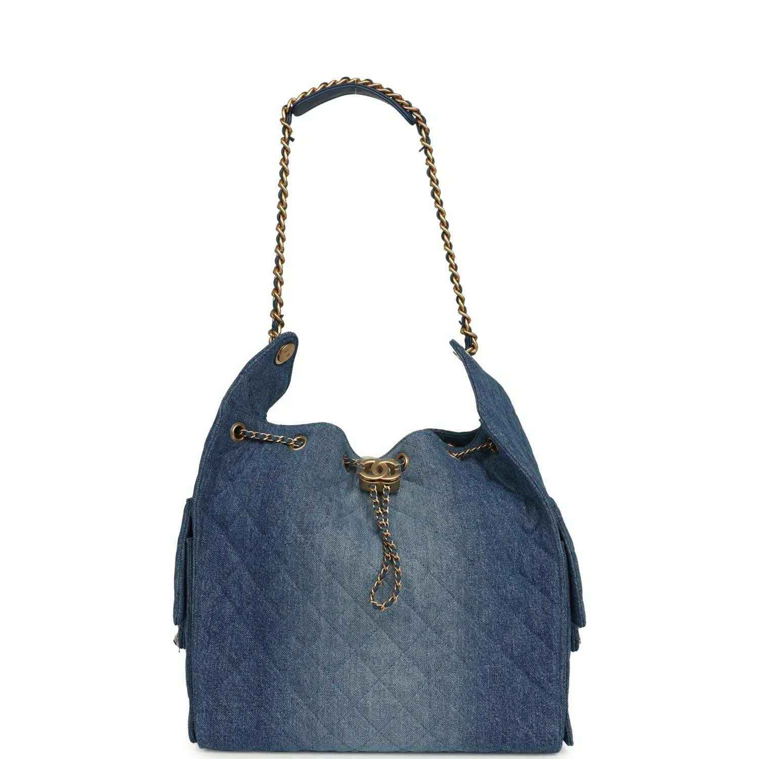 Chanel Medium 25 hobo bag with rounded top and chain handles in blue washed denim