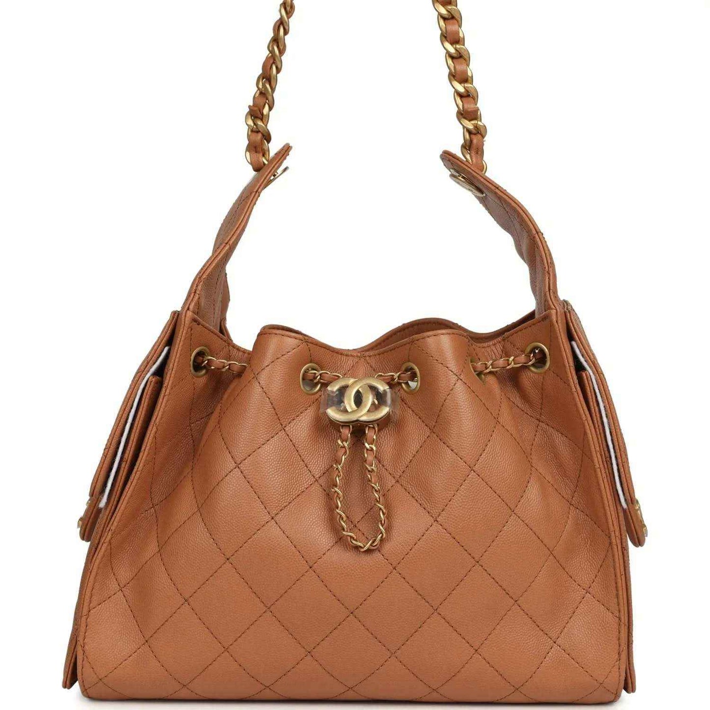 Brown quilted leather hobo bag with gold chain handles and top drawstring