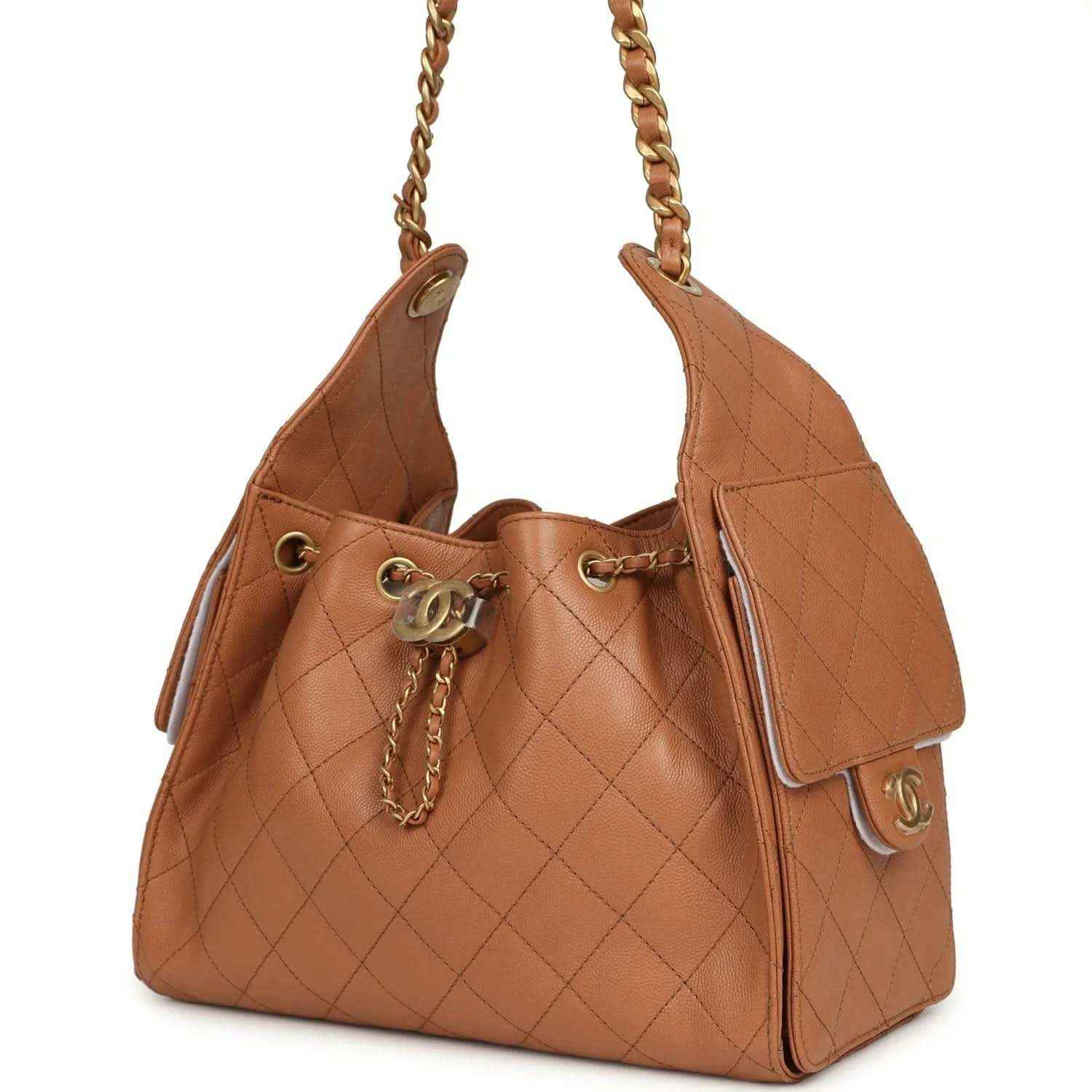 Brown quilted leather hobo bag with gold chain strap and front logo charm