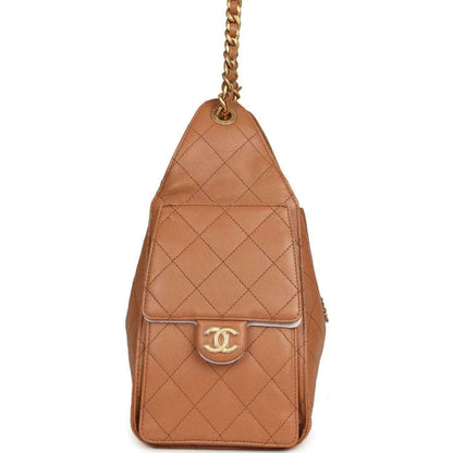 Brown quilted leather mini hobo bag with gold chain and Chanel CC emblem