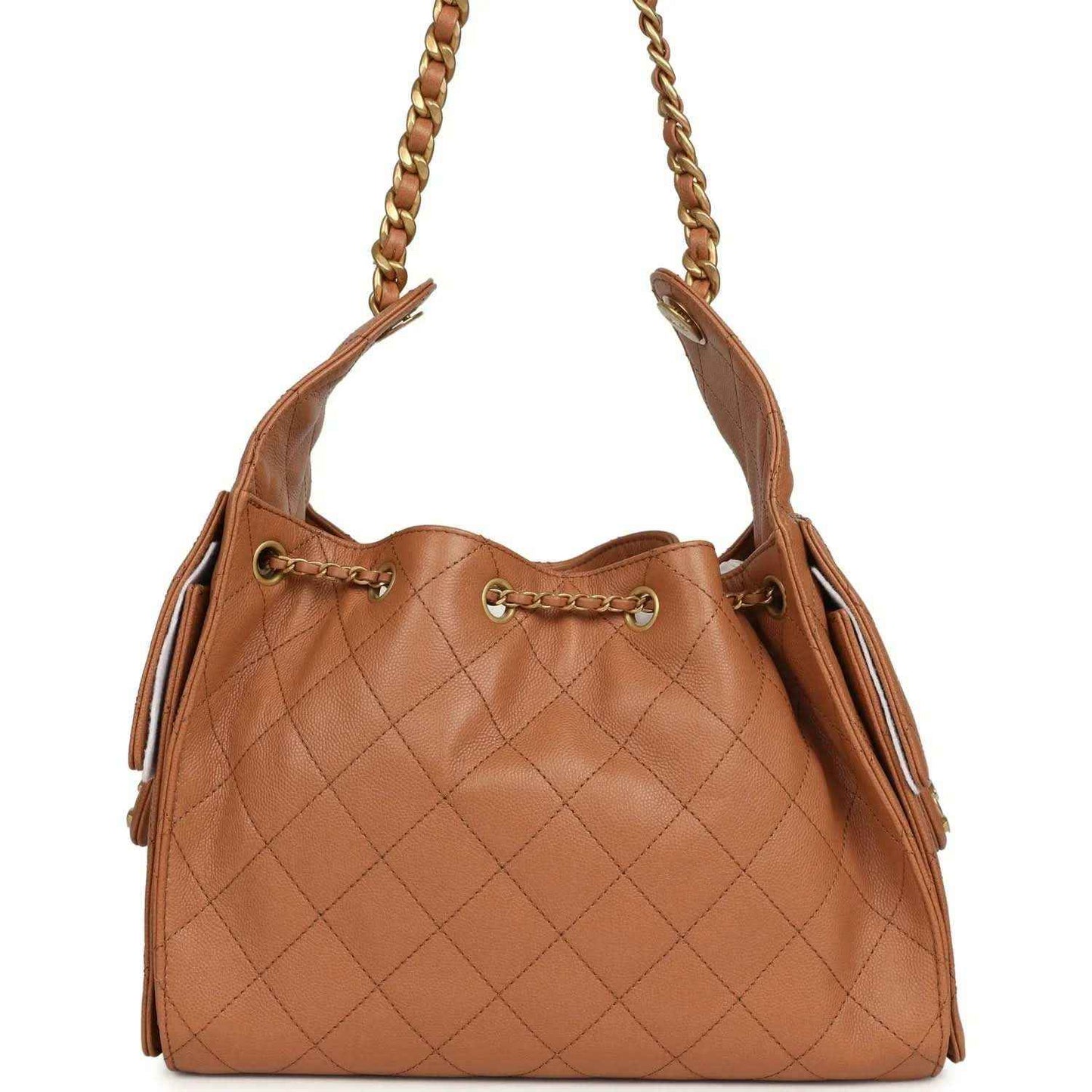 Brown quilted leather hobo bag with gold chain handles and side fringe pulls