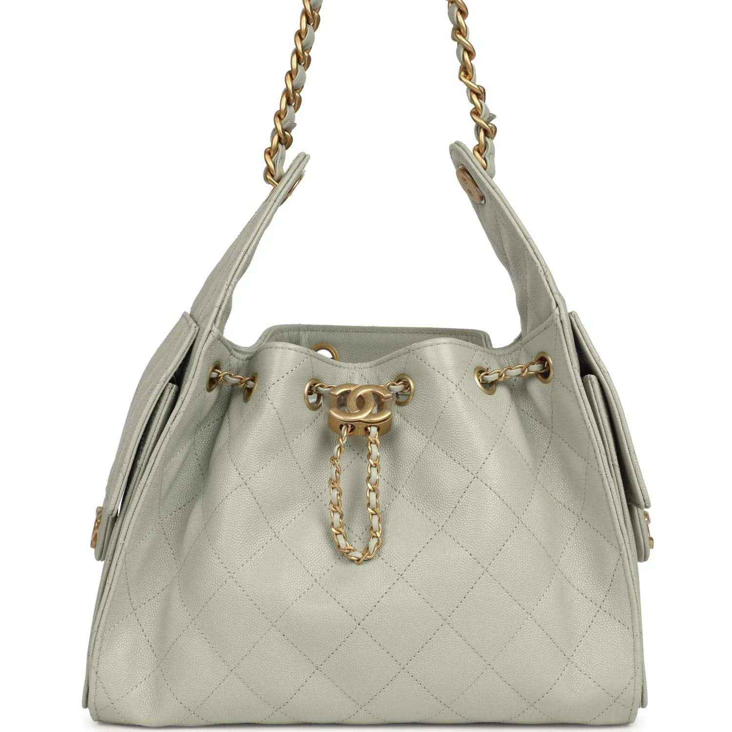 Chanel Small 25 hobo bag in light green quilted caviar leather with gold chain strap