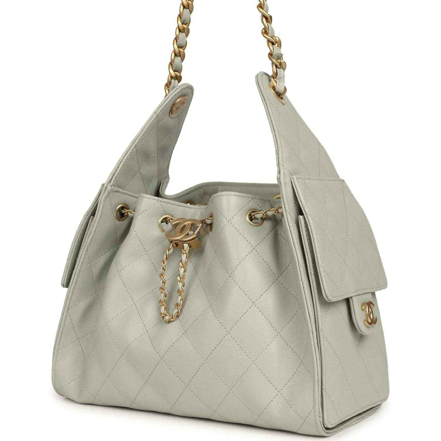Chanel Small 25 hobo bag in light green quilted caviar leather with side pocket flap