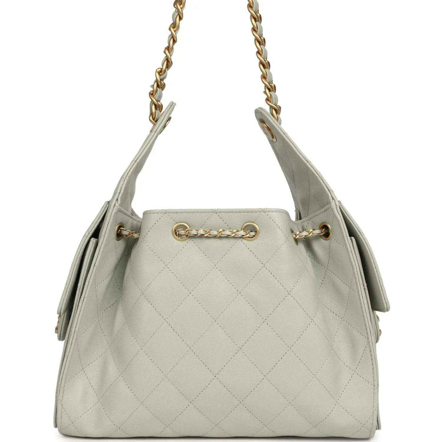 Chanel Small 25 hobo bag in light green quilted caviar leather with chain handles and tassel