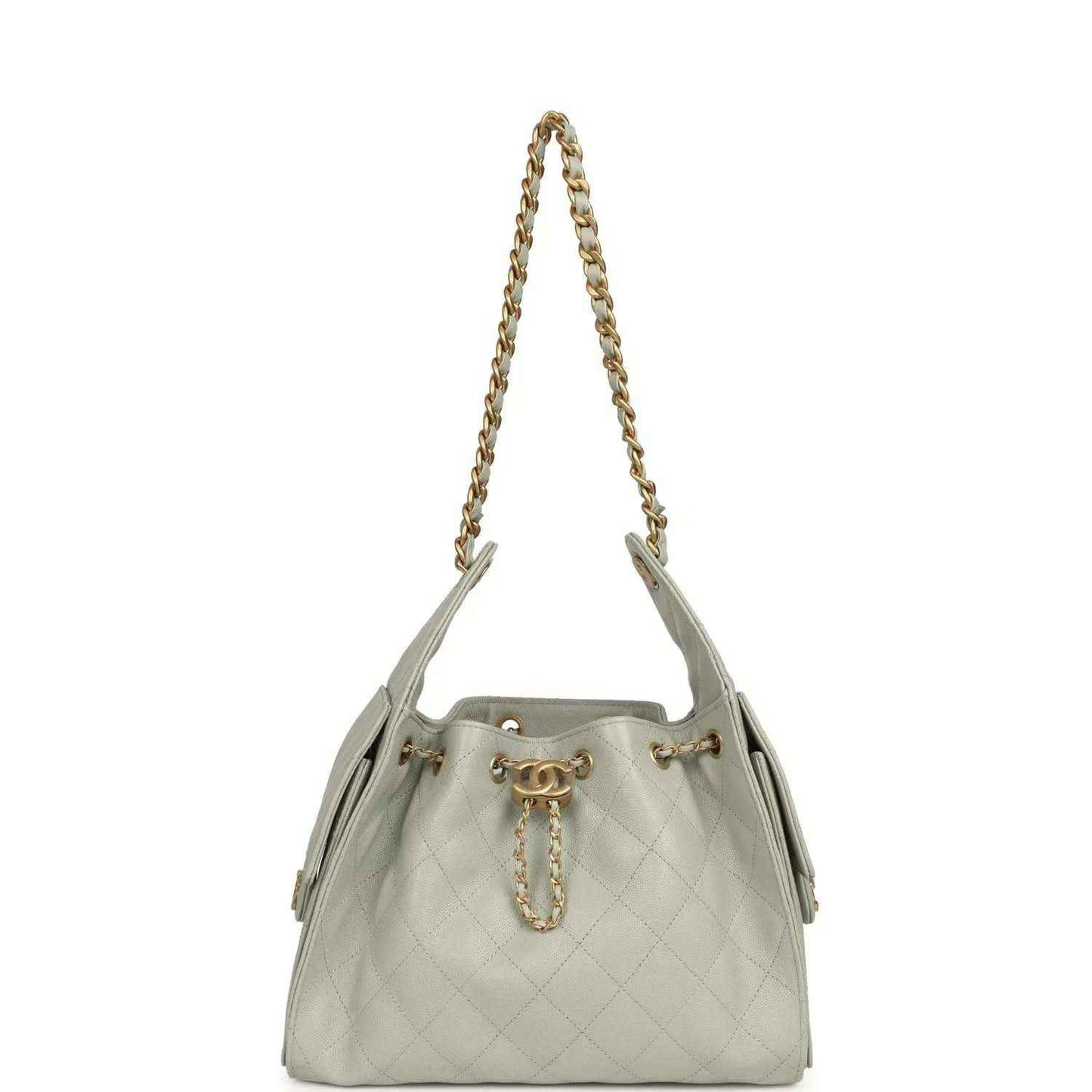 Chanel Small 25 hobo bag in light green quilted leather with gold chain strap and charm