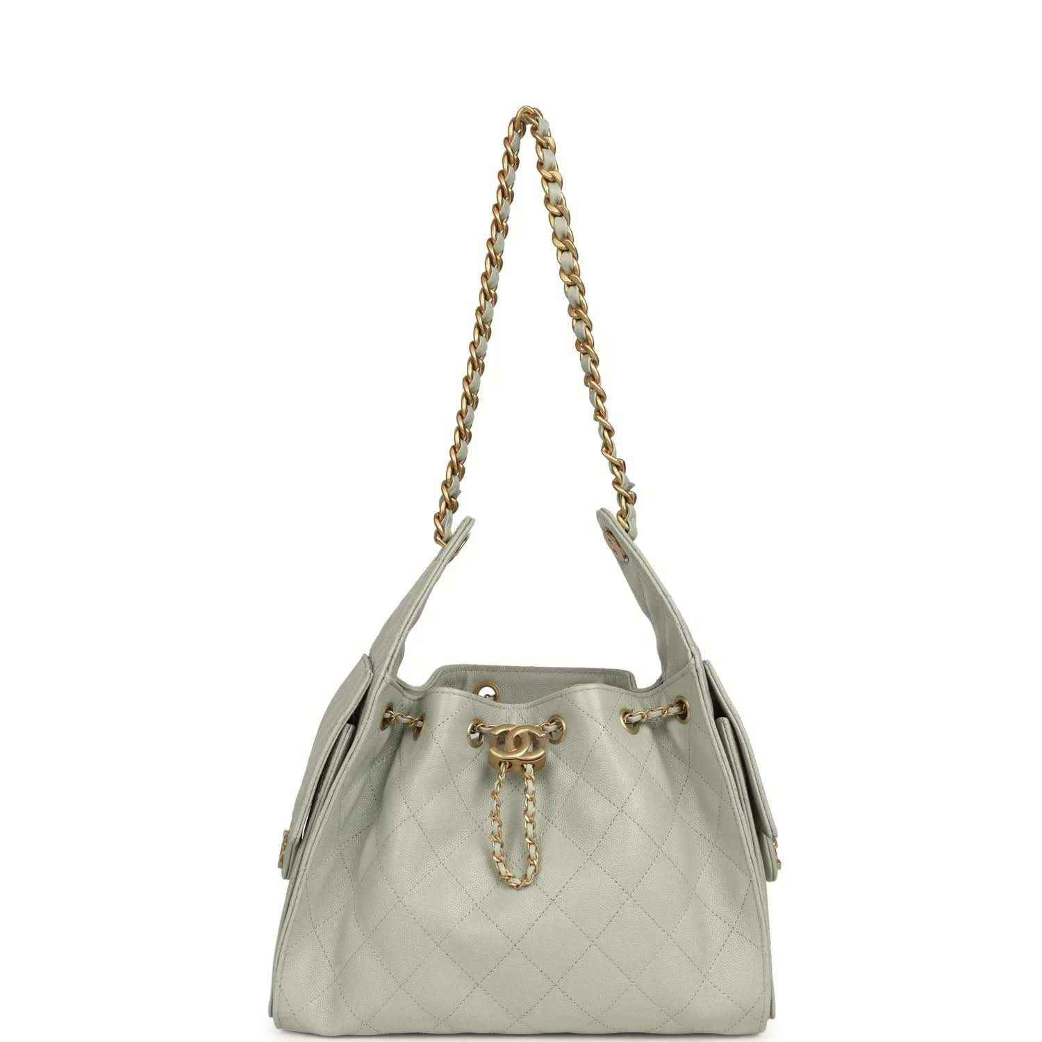 Chanel Small 25 hobo bag in light green quilted leather with gold chain strap and charm