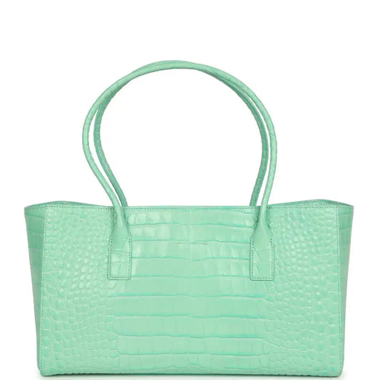 Teal croc-embossed leather tote with wide handles and front center pocket