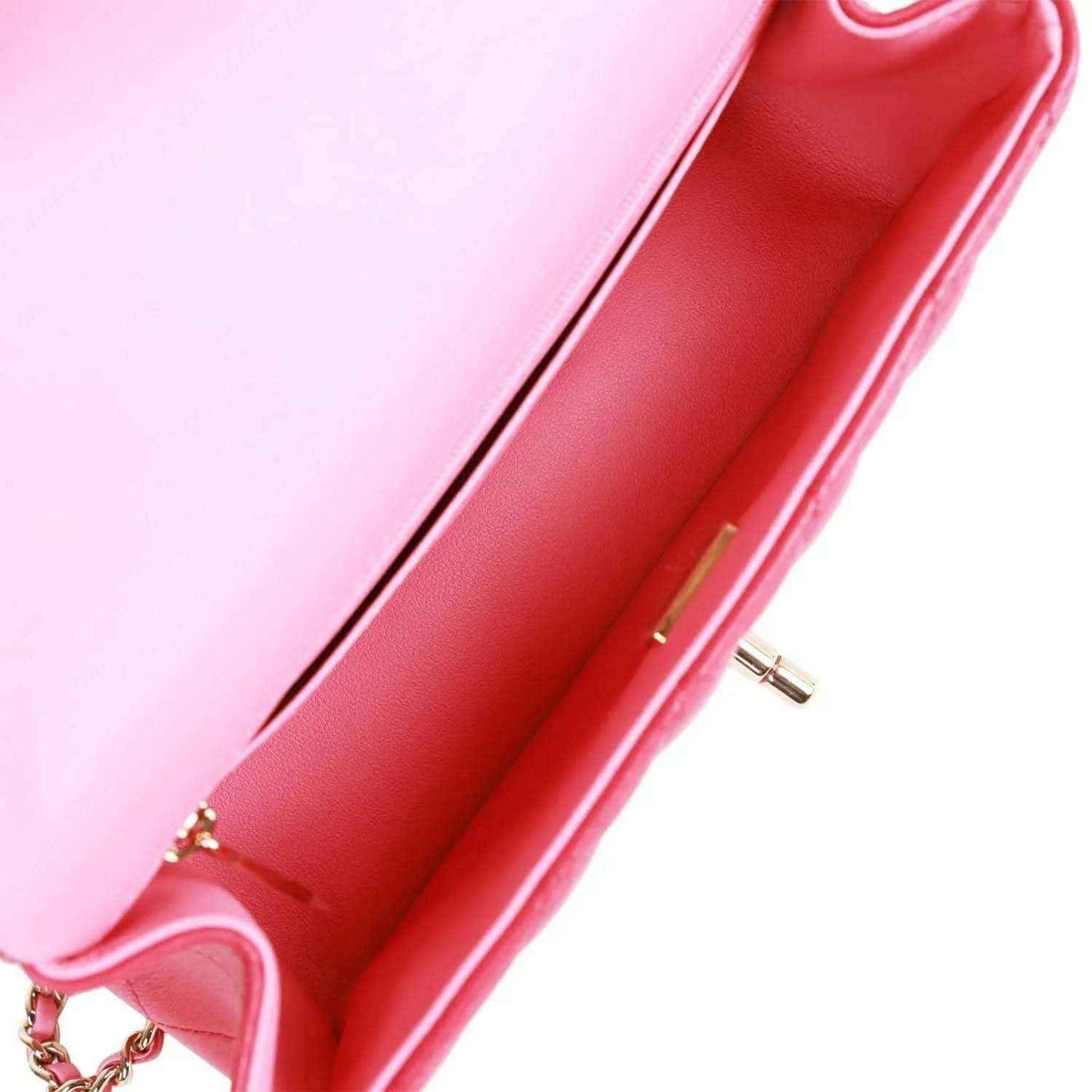 Pink leather interior panel with seam and gold-toned zipper hardware.