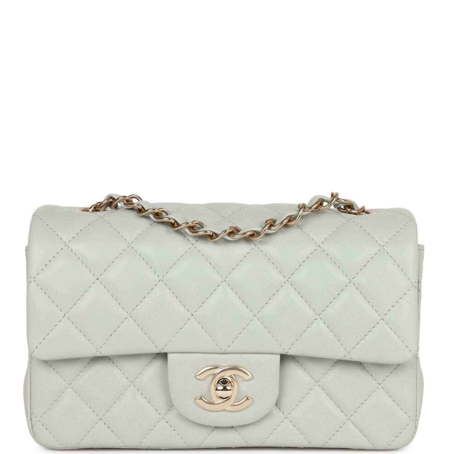 Light grey quilted mini flap bag with gold-tone chain and logo clasp