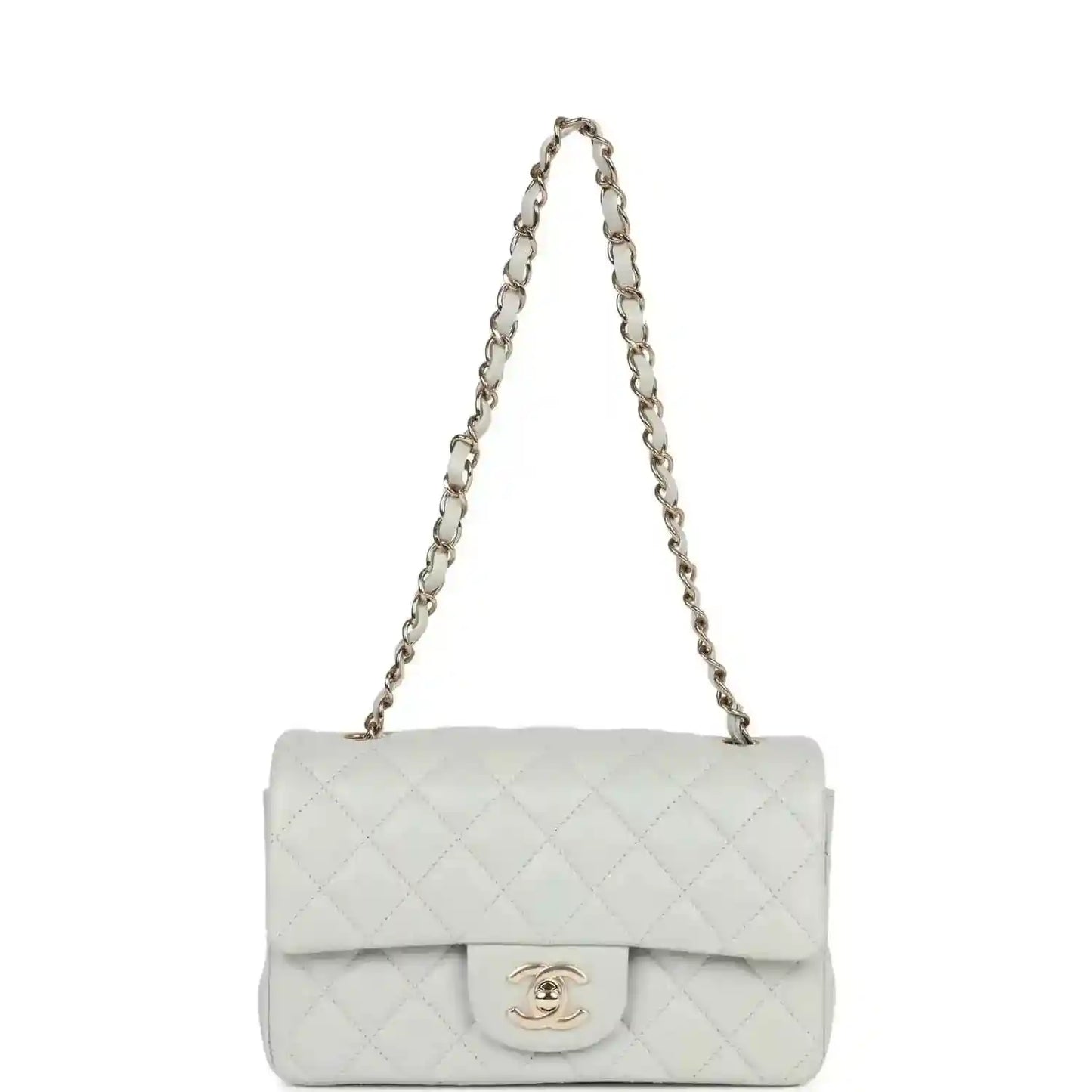 Light grey quilted mini flap bag with logo clasp and gold-tone shoulder chain