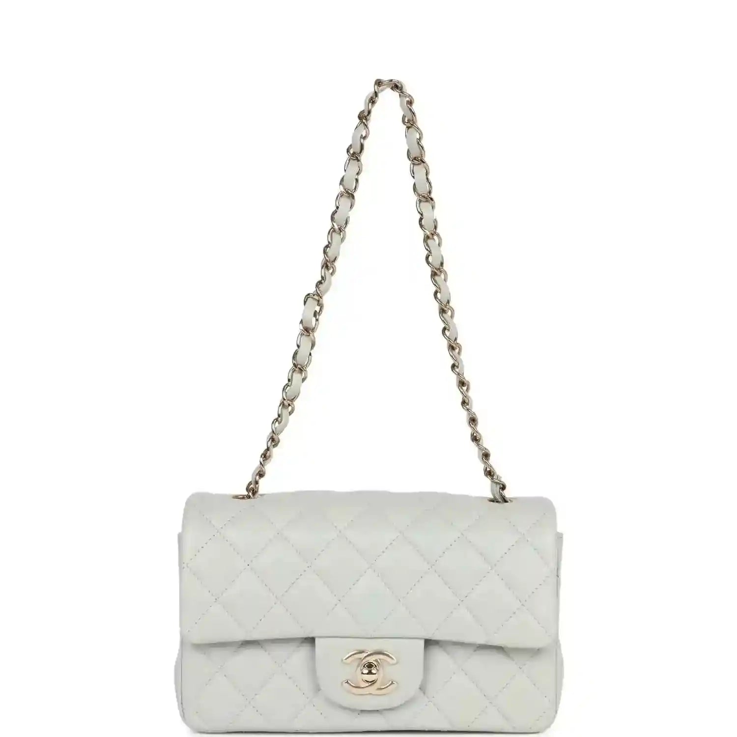 Light grey quilted mini flap bag with logo clasp and gold-tone shoulder chain