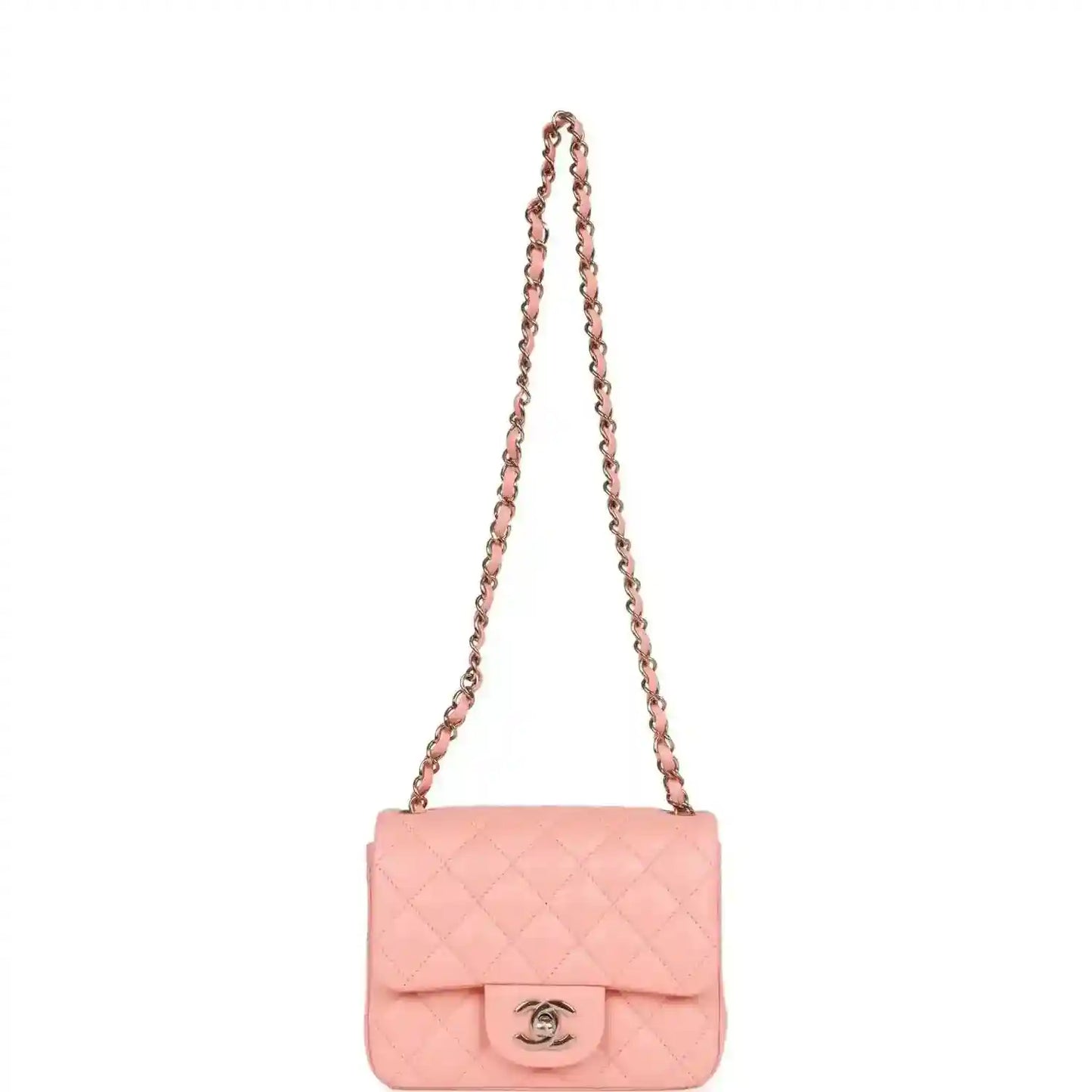 Pink quilted mini flap bag with long gold chain shoulder strap and Chanel clasp