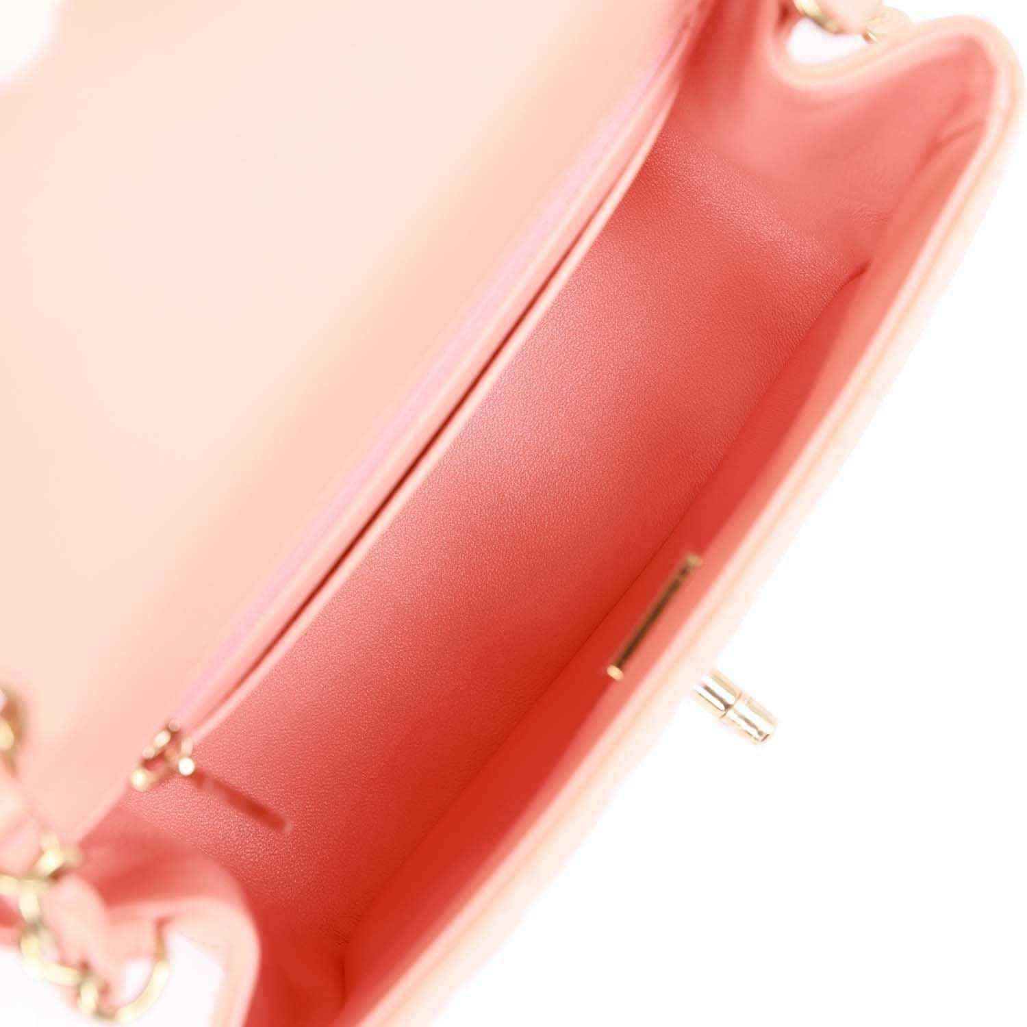 Pink leather interior of mini flap bag with zipper opening and gold hardware