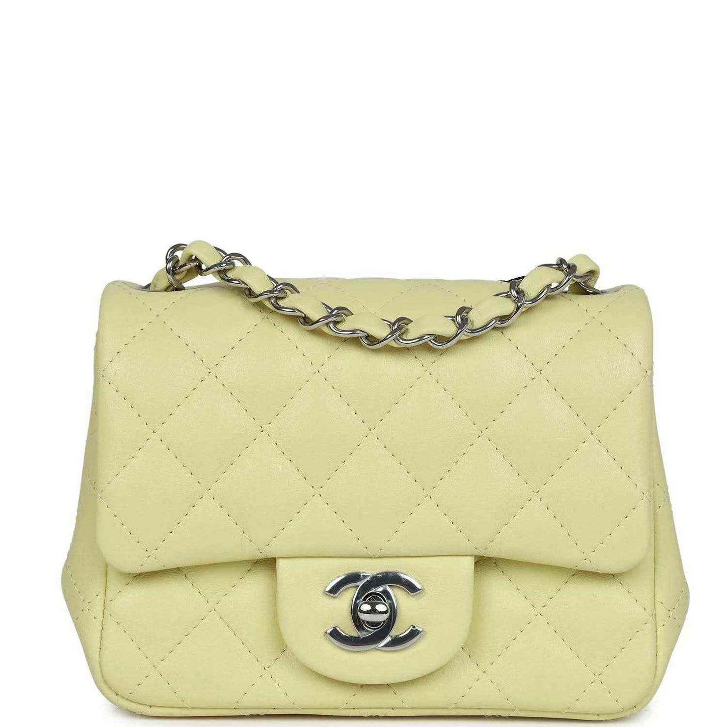 Lime quilted mini square flap bag with silver chain and CC turn-lock clasp