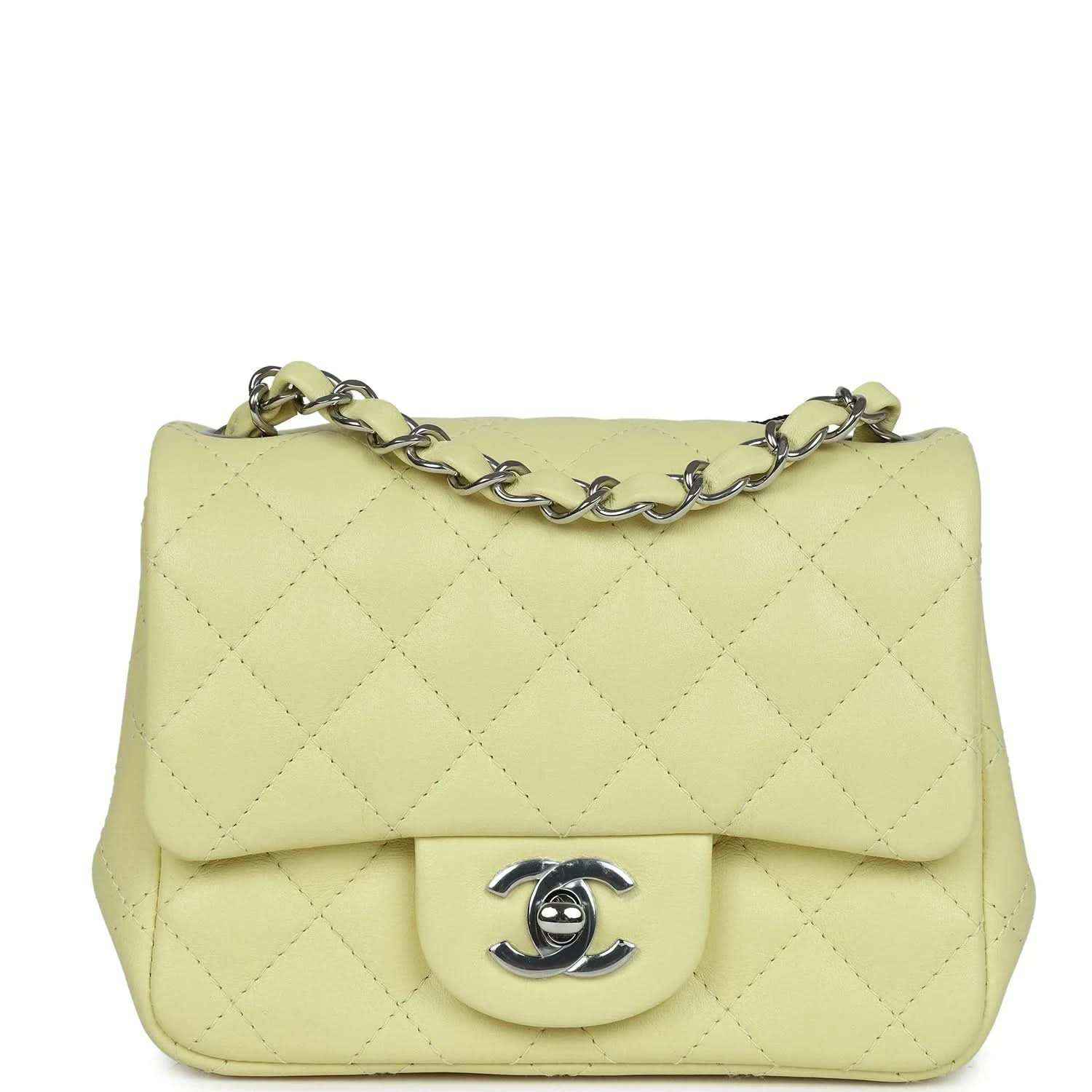 Lime quilted mini square flap bag with silver chain and CC turn-lock clasp