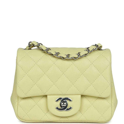 Lime quilted mini square flap bag with silver chain and CC turn-lock clasp
