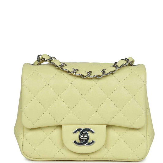 Lime quilted mini square flap bag with silver chain and CC turn-lock clasp