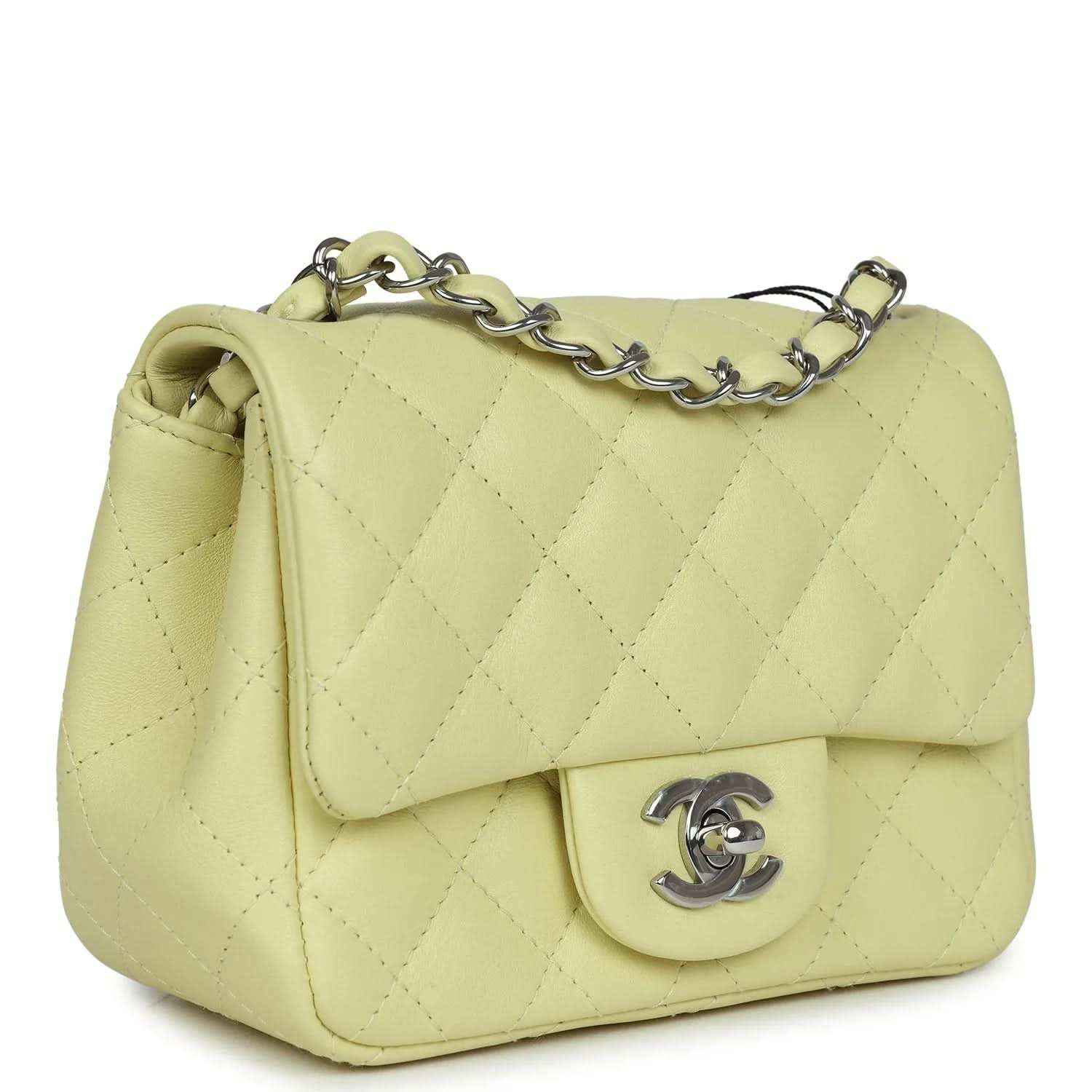 Lime quilted mini square flap bag with silver chain strap and front CC clasp