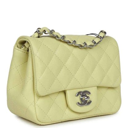 Lime quilted mini square flap bag with silver chain strap and front CC clasp